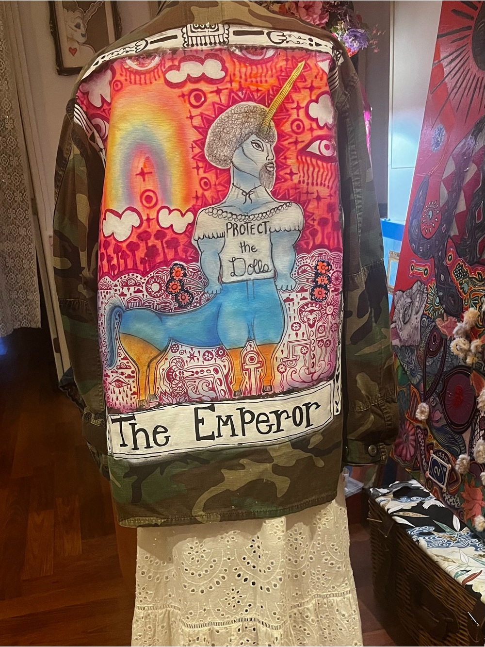 Camouflage Utility Military-Style Jacket with 'The Emperor' Tarot Art